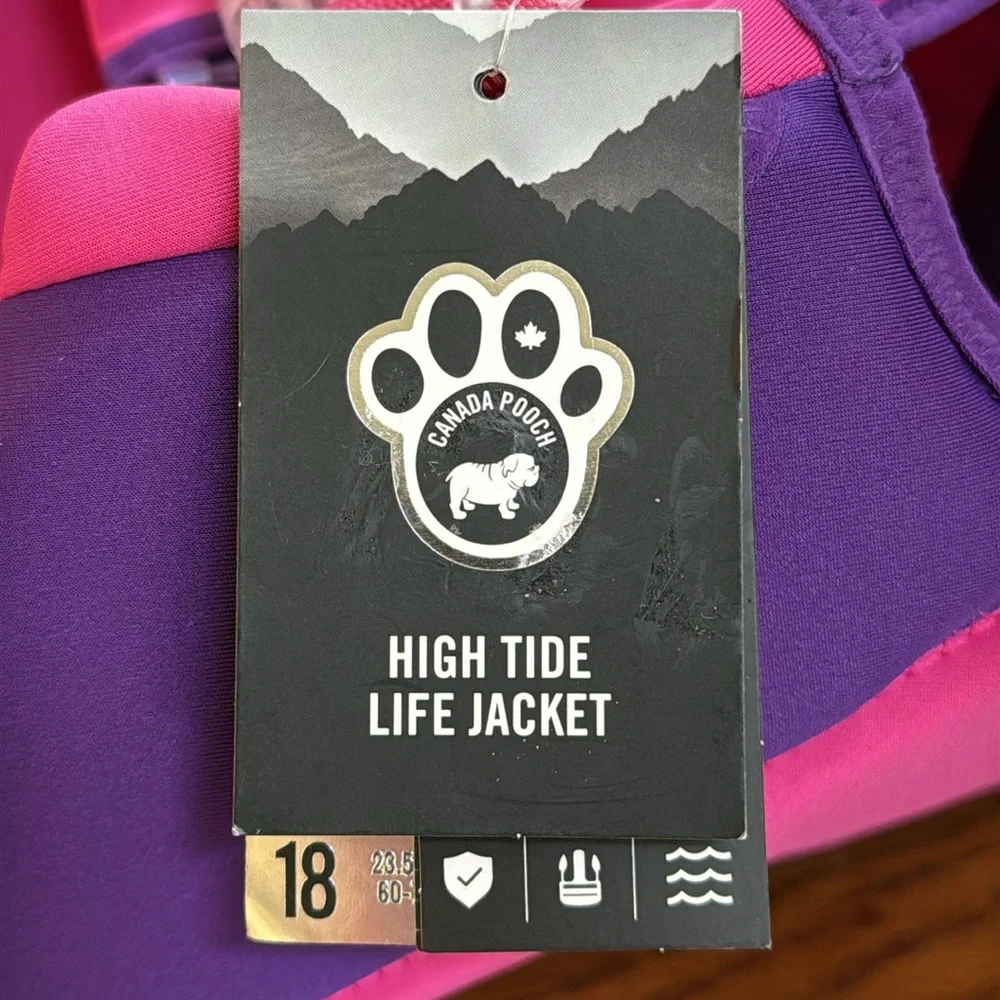 New High Tide life jacket by Canada Pooch for swimming. Pink and Purple. Size 18